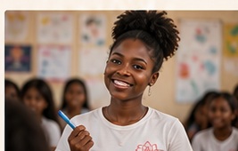 A beautiful young African woman smiling in a community learning setting